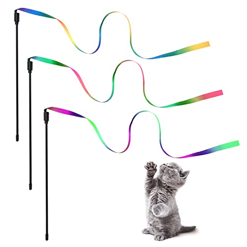 SAVITA 3 Stück Interaktives Katzen-Spielzeug, Regenbogenfarbenes Katzen-Zauberstab-Spielzeug, buntes Katzen-Interaktives Spielzeug, Bandschnur, Charmer-Stick für Katze von SAVITA