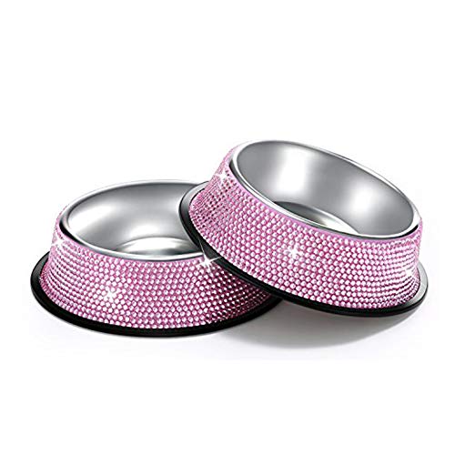 Hundenäpfe, SAVORI 400ml Handgemachte Funkelnde Rhinestones Edelstahl Haustier Schüsseln Doppeltierfutter Wasser Zufuhr für Welpen Hunde Katzen (Rosa) von SAVORI