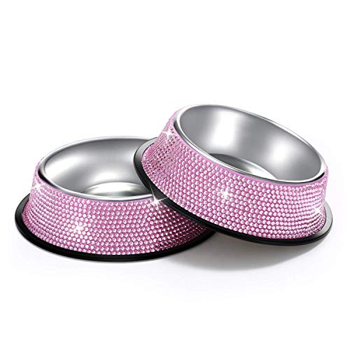 SAVORI Hundenäpfe, 640ml Handgemachte Funkelnde Rhinestones Edelstahl Haustier Schüsseln Doppeltierfutter Wasser Zufuhr für Welpen Hunde Katzen (Rosa) von SAVORI