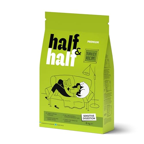 Half&Half - Katzenfutter Trocken - Trockenfutter für Katzen - für Erwachsene Katze empfindlich - Türkei - mit getrocknetem frischem Fleisch, mit VIT. A, D3, E - 1er-Pack (1x8 kg) von SAVORY to excite