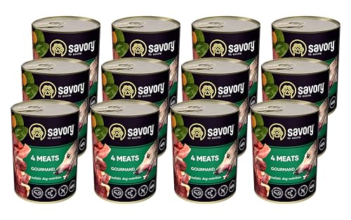 Savory - Hundefutter Nass - Nassfutter für Hunde - für Erwachsener Hund - 4 Fleischsorten - Zarte Pastete mit saftiger und lockerer Textur, hoher Fleischanteil - 12er-Pack (12x400 g) von SAVORY to excite