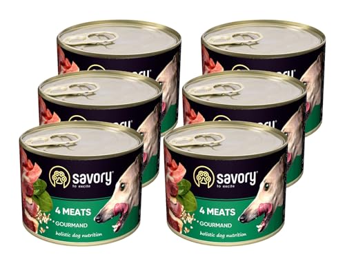 Savory - Hundefutter Nass - Nassfutter für Hunde - für Erwachsener Hund - 4 Fleischsorten - Zarte Pastete mit saftiger und lockerer Textur, hoher Fleischanteil - 6er-Pack (6x200 g) von SAVORY to excite