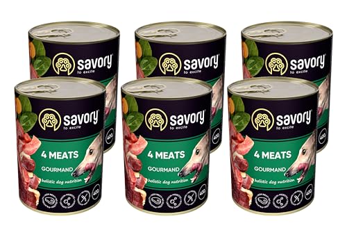 Savory - Hundefutter Nass - Nassfutter für Hunde - für Erwachsener Hund - 4 Fleischsorten - Zarte Pastete mit saftiger und lockerer Textur, hoher Fleischanteil - 6er-Pack (6x400 g) von SAVORY to excite