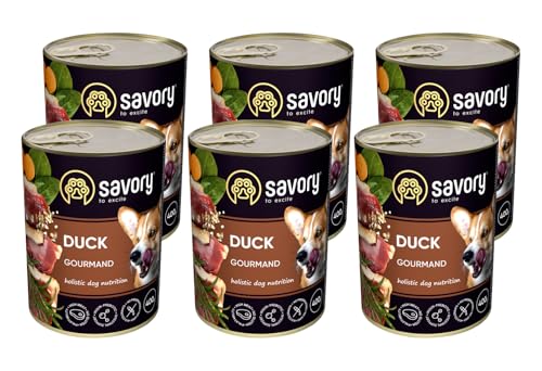 Savory - Hundefutter Nass - Nassfutter für Hunde - für Erwachsener Hund - Ente - Zarte Pastete mit saftiger und lockerer Textur, hoher Fleischanteil - 6er-Pack (6x400 g) von SAVORY to excite