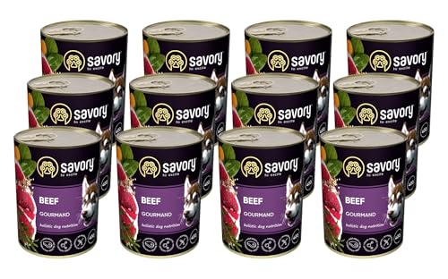 Savory - Hundefutter Nass - Nassfutter für Hunde - für Erwachsener Hund - Rindfleisch - Zarte Pastete mit saftiger und lockerer Textur, hoher Fleischanteil - 12er-Pack (12x400 g) von SAVORY to excite