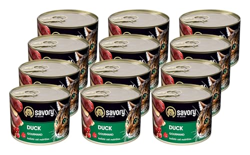 Savory - Katzenfutter Nass - Katzennassfutter - für Erwachsene Katze - Ente - Weiche Fleischstücke, mit Taurin, Vitamine E, D3, Zink - Nassfutter 12er-Pack (12x200 g) von SAVORY to excite