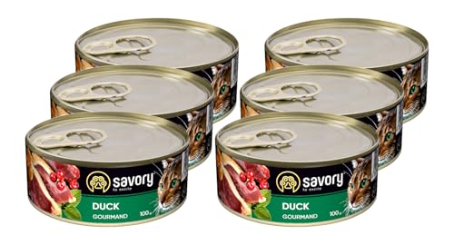 Savory - Katzenfutter Nass - Katzennassfutter - für Erwachsene Katze - Ente - Weiche Fleischstücke, mit Taurin, Vitamine E, D3, Zink - Nassfutter 6er-Pack (6x100 g) von SAVORY to excite