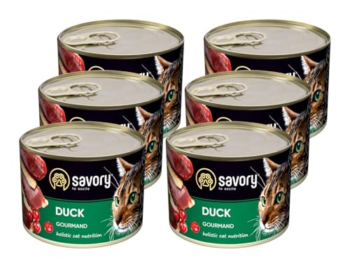 Savory - Katzenfutter Nass - Katzennassfutter - für Erwachsene Katze - Ente - Weiche Fleischstücke, mit Taurin, Vitamine E, D3, Zink - Nassfutter 6er-Pack (6x200 g) von SAVORY to excite