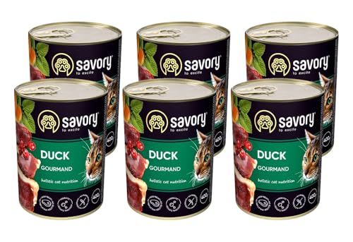Savory - Katzenfutter Nass - Katzennassfutter - für Erwachsene Katze - Ente - Weiche Fleischstücke, mit Taurin, Vitamine E, D3, Zink - Nassfutter 6er-Pack (6x400 g) von SAVORY to excite