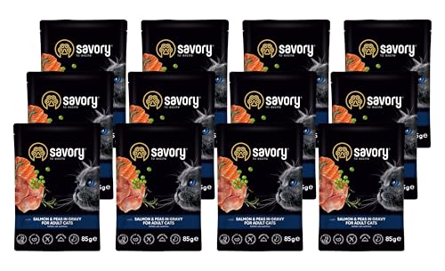 Savory - Katzenfutter Nass - Katzennassfutter - für Erwachsene Katze - Lachs & Erbsen - Weiche Fleischstücke, mit Taurin, Vitamine E, D3, Zink - Nassfutter 12er-Pack (12x85 g) von SAVORY to excite