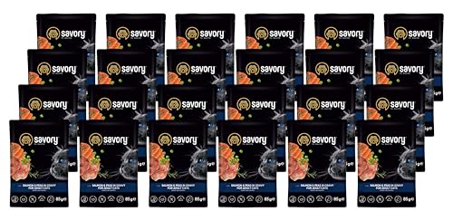 Savory - Katzenfutter Nass - Katzennassfutter - für Erwachsene Katze - Lachs & Erbsen - Weiche Fleischstücke, mit Taurin, Vitamine E, D3, Zink - Nassfutter 24er-Pack (24x85 g) von SAVORY to excite