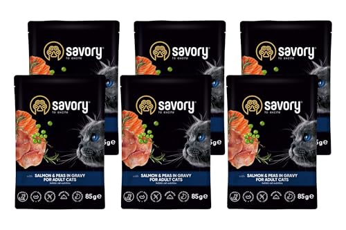 Savory - Katzenfutter Nass - Katzennassfutter - für Erwachsene Katze - Lachs & Erbsen - Weiche Fleischstücke, mit Taurin, Vitamine E, D3, Zink - Nassfutter 6er-Pack (6x85 g) von SAVORY to excite