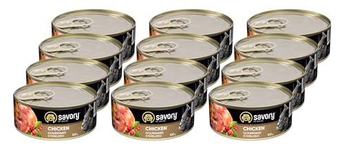 Savory - Katzenfutter Nass - Katzennassfutter - für Erwachsene Katze sterilisiert - Huhn - Weiche Fleischstücke, mit Taurin, Vitamine E, D3, Zink - Nassfutter 12er-Pack (12x100 g) von SAVORY to excite
