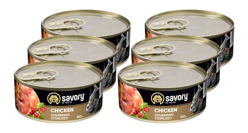 Savory - Katzenfutter Nass - Katzennassfutter - für Erwachsene Katze sterilisiert - Huhn - Weiche Fleischstücke, mit Taurin, Vitamine E, D3, Zink - Nassfutter 6er-Pack (6x100 g) von SAVORY to excite