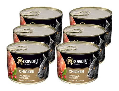 Savory - Katzenfutter Nass - Katzennassfutter - für Erwachsene Katze sterilisiert - Huhn - Weiche Fleischstücke, mit Taurin, Vitamine E, D3, Zink - Nassfutter 6er-Pack (6x200 g) von SAVORY to excite