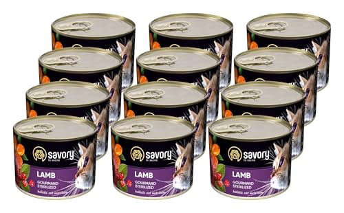 Savory - Katzenfutter Nass - Katzennassfutter - für Erwachsene Katze sterilisiert - Lamm - Weiche Fleischstücke, mit Taurin, Vitamine E, D3, Zink - Nassfutter 12er-Pack (12x200 g) von SAVORY to excite