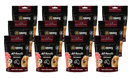 Savory - Hunde Leckerlis - Leckereien für Hunde - Antiparasitär - Thunfisch & Bärlauch - Hundesnack, Gut geeignet für Training, alle Rassen - Angereichert mit Superfoods - 12er-Pack (12x200 g) von SAVORY to excite
