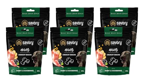 Savory - Hunde Leckerlis - Leckereien für Hunde - Mobilität - Kaninchen & Schokobeeren - Hundesnack, Gut geeignet für Training, alle Rasseng - Angereichert mit Superfoods - 6er-Pack (6x200 g) von SAVORY to excite