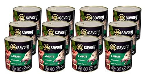 Savory - Hundefutter Nass - Nassfutter für Hunde - für Erwachsener Hund - 4 Fleischsorten - Zarte Pastete mit saftiger und lockerer Textur, hoher Fleischanteil - 12er-Pack (12x800 g) von SAVORY to excite