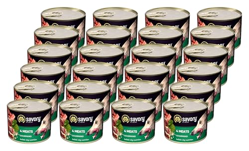 Savory - Hundefutter Nass - Nassfutter für Hunde - für Erwachsener Hund - 4 Fleischsorten - Zarte Pastete mit saftiger und lockerer Textur, hoher Fleischanteil - 24er-Pack (24x200 g) von SAVORY to excite