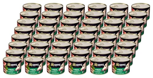 Savory - Hundefutter Nass - Nassfutter für Hunde - für Erwachsener Hund - 4 Fleischsorten - Zarte Pastete mit saftiger und lockerer Textur, hoher Fleischanteil - 48er-Pack (48x200 g) von SAVORY to excite