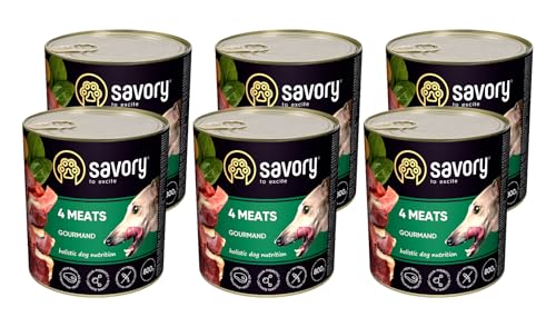 Savory - Hundefutter Nass - Nassfutter für Hunde - für Erwachsener Hund - 4 Fleischsorten - Zarte Pastete mit saftiger und lockerer Textur, hoher Fleischanteil - 6er-Pack (6x800 g) von SAVORY to excite