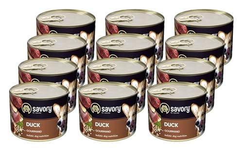 Savory - Hundefutter Nass - Nassfutter für Hunde - für Erwachsener Hund - Ente - Zarte Pastete mit saftiger und lockerer Textur, hoher Fleischanteil - 12er-Pack (12x200 g) von SAVORY to excite