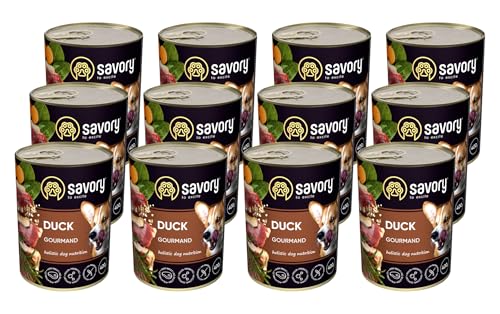 Savory - Hundefutter Nass - Nassfutter für Hunde - für Erwachsener Hund - Ente - Zarte Pastete mit saftiger und lockerer Textur, hoher Fleischanteil - 12er-Pack (12x400 g) von SAVORY to excite
