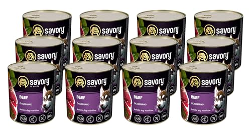 Savory - Hundefutter Nass - Nassfutter für Hunde - für Erwachsener Hund - Rindfleisch - Zarte Pastete mit saftiger und lockerer Textur, hoher Fleischanteil - 12er-Pack (12x800 g) von SAVORY to excite