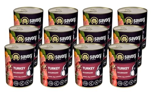 Savory - Hundefutter Nass - Nassfutter für Hunde - für Erwachsener Hund - Türkei - Zarte Pastete mit saftiger und lockerer Textur, hoher Fleischanteil - 12er-Pack (12x400 g) von SAVORY to excite