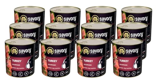 Savory - Hundefutter Nass - Nassfutter für Hunde - für Erwachsener Hund - Türkei - Zarte Pastete mit saftiger und lockerer Textur, hoher Fleischanteil - 12er-Pack (12x800 g) von SAVORY to excite
