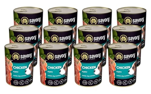 Savory - Hundefutter Nass - Nassfutter für Hunde - für Welpen Aller Rassen - Huhn - Zarte Pastete mit saftiger und lockerer Textur, hoher Fleischanteil - 12er-Pack (12x400 g) von SAVORY to excite