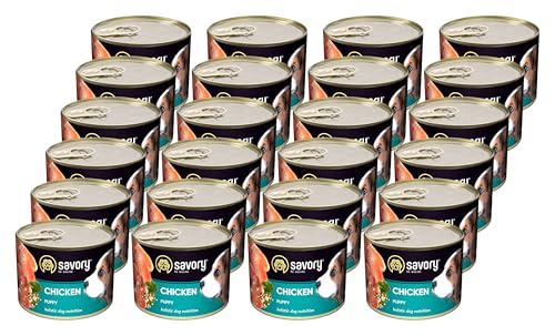 Savory - Hundefutter Nass - Nassfutter für Hunde - für Welpen Aller Rassen - Huhn - Zarte Pastete mit saftiger und lockerer Textur, hoher Fleischanteil - 24er-Pack (24x200 g) von SAVORY to excite