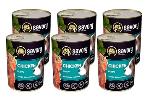 Savory - Hundefutter Nass - Nassfutter für Hunde - für Welpen Aller Rassen - Huhn - Zarte Pastete mit saftiger und lockerer Textur, hoher Fleischanteil - 6er-Pack (6x400 g) von SAVORY to excite