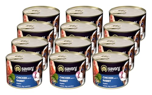 Savory - Hundefutter Nass - Nassfutter für Hunde - für Welpen Aller Rassen - Kaninchen - Zarte Pastete mit saftiger und lockerer Textur, hoher Fleischanteil - 12er-Pack (12x200 g) von SAVORY to excite