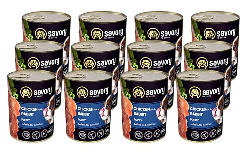 Savory - Hundefutter Nass - Nassfutter für Hunde - für Welpen Aller Rassen - Kaninchen - Zarte Pastete mit saftiger und lockerer Textur, hoher Fleischanteil - 12er-Pack (12x400 g) von SAVORY to excite