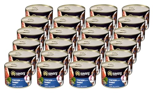 Savory - Hundefutter Nass - Nassfutter für Hunde - für Welpen Aller Rassen - Kaninchen - Zarte Pastete mit saftiger und lockerer Textur, hoher Fleischanteil - 24er-Pack (24x200 g) von SAVORY to excite