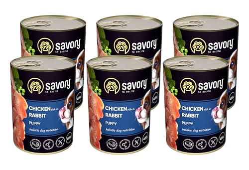 Savory - Hundefutter Nass - Nassfutter für Hunde - für Welpen Aller Rassen - Kaninchen - Zarte Pastete mit saftiger und lockerer Textur, hoher Fleischanteil - 6er-Pack (6x400 g) von SAVORY to excite