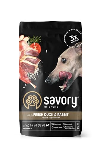 Savory - Hundefutter Trocken - Trockenfutter für Hunde - Alle Rassen - Frische Ente und Kaninchen - auf Basis von getrocknetem frischem Fleisch, mit VIT. A, D3, E, C - 1er-Pack (1x3 kg) von SAVORY to excite