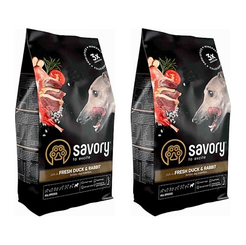 Savory - Hundefutter Trocken - Trockenfutter für Hunde - Alle Rassen - Frische Ente und Kaninchen - auf Basis von getrocknetem frischem Fleisch, mit VIT. A, D3, E, C - 2er-Pack (2x1 kg) von SAVORY to excite