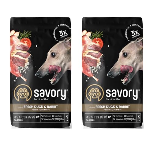 Savory - Hundefutter Trocken - Trockenfutter für Hunde - Alle Rassen - Frische Ente und Kaninchen - auf Basis von getrocknetem frischem Fleisch, mit VIT. A, D3, E, C - 2er-Pack (2x3 kg) von SAVORY to excite