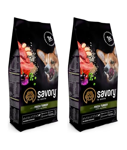 Savory - Hundefutter Trocken - Trockenfutter für Hunde - Alle Rassen sterilisiert - Frische Pute - auf Basis von getrocknetem frischem Fleisch, mit VIT. A, D3, E, C - 2er-Pack (2x1 kg) von SAVORY to excite