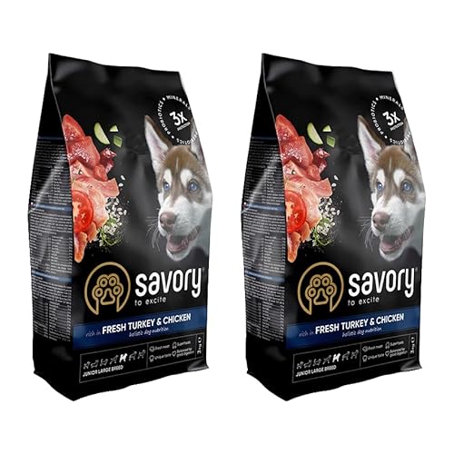 Savory - Hundefutter Trocken - Trockenfutter für Hunde - Junior große Rasse - Frisches Puten- und Hühnerfleisch - auf Basis von getrocknetem frischem Fleisch, mit VIT. A, D3, E, C - 2er-Pack (2x3 kg) von SAVORY to excite