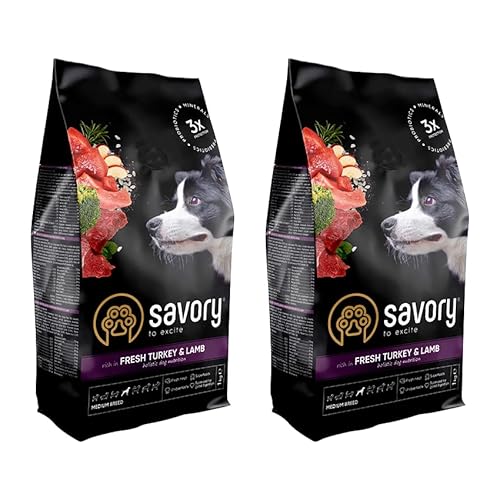 Savory - Hundefutter Trocken - Trockenfutter für Hunde - Mittlere Rasse - Frische Pute & Lamm - auf Basis von getrocknetem frischem Fleisch, mit VIT. A, D3, E, C - 2er-Pack (2x1 kg) von SAVORY to excite