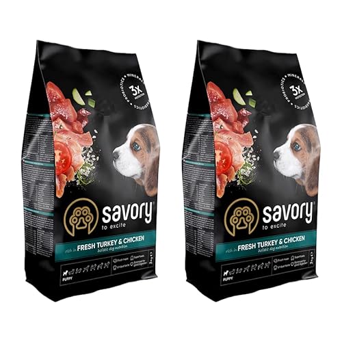Savory - Hundefutter Trocken - Trockenfutter für Hunde - Welpe - Frisches Puten- und Hühnerfleisch - auf Basis von getrocknetem frischem Fleisch, mit VIT. A, D3, E, C - 2er-Pack (2x3 kg) von SAVORY to excite