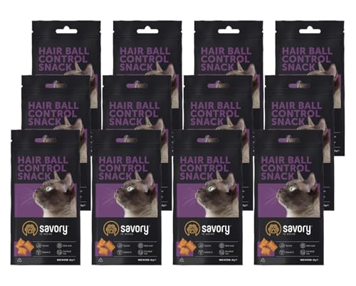 Savory - Katzen Leckerlies - Katzenleckerlis - - Haarkugelkontrolle - alle Katzenrassen, Katzen und Kätzchen ab 1 Jahr - mit VIT. A, E, D3 und Taurin - Katzensnacks 12er-Pack (12x60 g) von SAVORY to excite