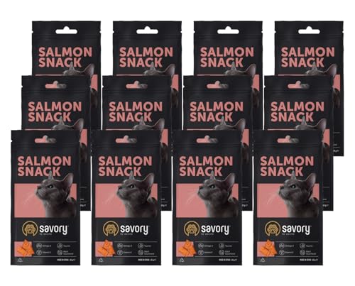 Savory - Katzen Leckerlies - Katzenleckerlis - - Lachs - alle Katzenrassen, Katzen und Kätzchen ab 1 Jahr - mit VIT. A, E, D3 und Taurin - Katzensnacks 12er-Pack (12x60 g) von SAVORY to excite