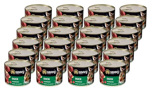 Savory - Katzenfutter Nass - Katzennassfutter - für Erwachsene Katze - Ente - Weiche Fleischstücke, mit Taurin, Vitamine E, D3, Zink - Nassfutter 24er-Pack (24x200 g) von SAVORY to excite