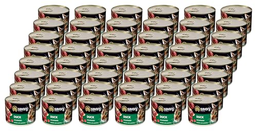 Savory - Katzenfutter Nass - Katzennassfutter - für Erwachsene Katze - Ente - Weiche Fleischstücke, mit Taurin, Vitamine E, D3, Zink - Nassfutter 48er-Pack (48x200 g) von SAVORY to excite