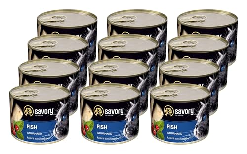 Savory - Katzenfutter Nass - Katzennassfutter - für Erwachsene Katze - Fisch - Weiche Fleischstücke, mit Taurin, Vitamine E, D3, Zink - Nassfutter 12er-Pack (12x200 g) von SAVORY to excite